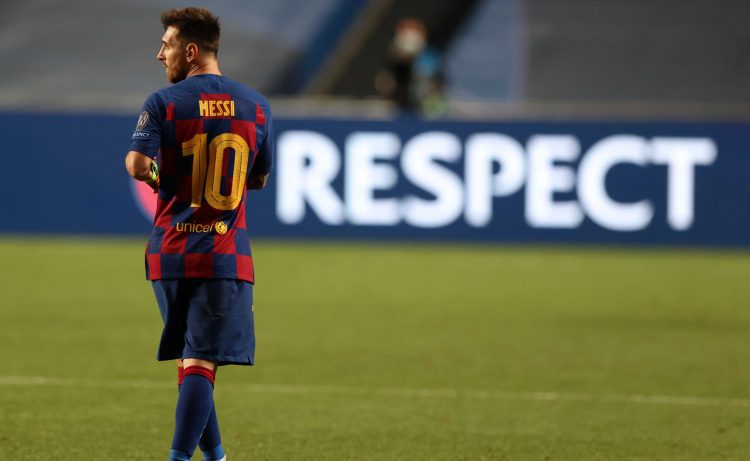 Barcelona's Argentinian forward Lionel Messi reacts at the end of the UEFA Champions League quarter-final football match between Barcelona and Bayern Munich at the Luz stadium in Lisbon on August 14, 2020. (Photo by Rafael Marchante / POOL / AFP)